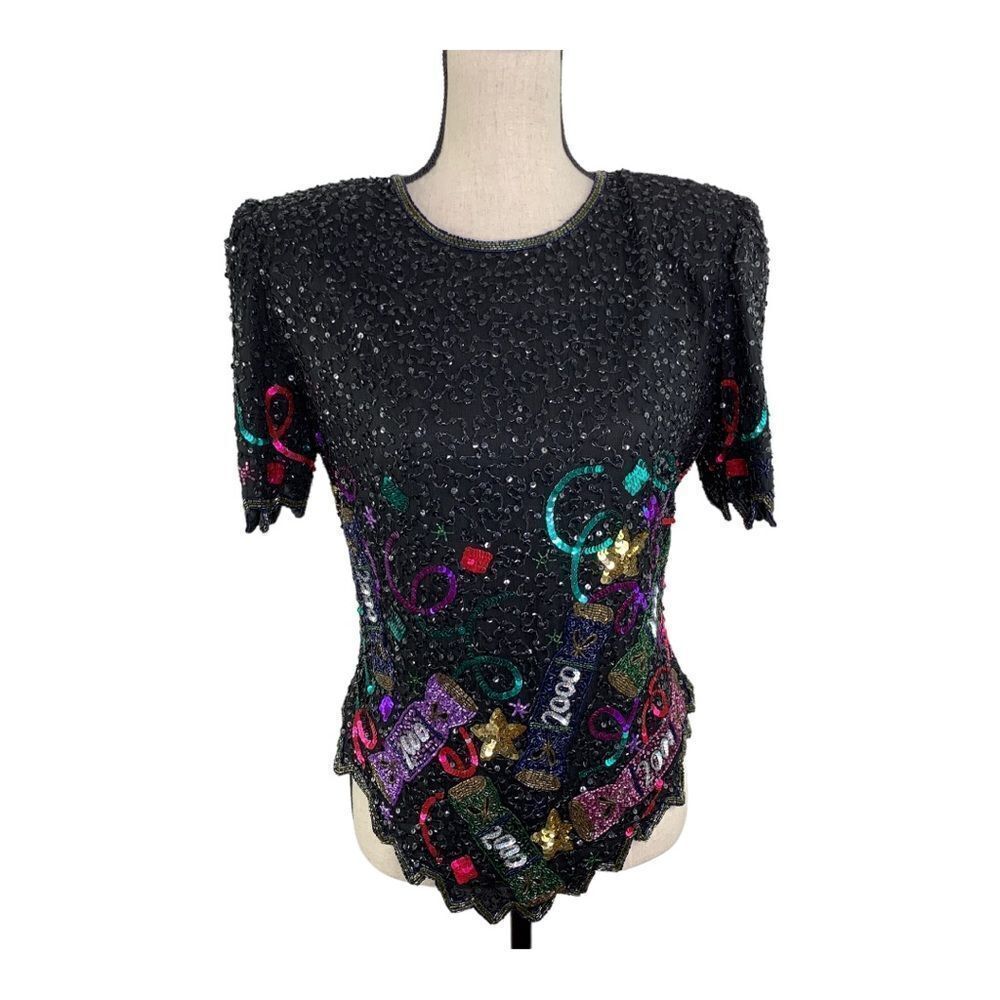 Vintage Lawrence Kazar Y2K New Year’s Sequin Beaded Silk Top Sz M